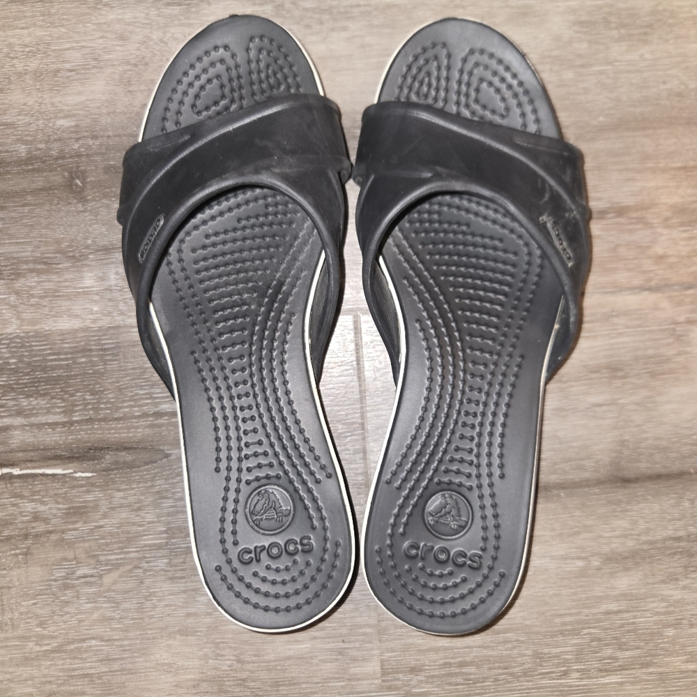 Crocs Kadee Wedge Crocband Womens Size 7 Black Slide Sandal White Trim‎ Comfort